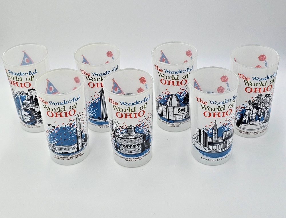 VTG Set of 7 Wonderful World of Ohio 60s Frosted Glasses Pro Football Air Force+